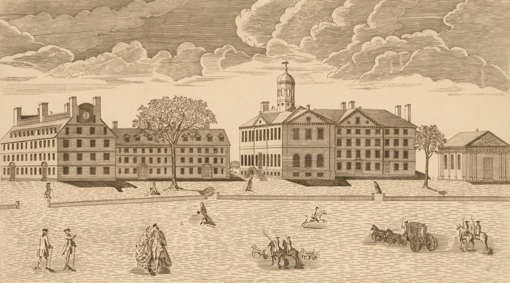 A color photograph of a black ink printed engraving of three buildings in the middle ground, people walking, on horseback or driving carriages on an empty field in the foreground, and a cloudy sky in the background. 